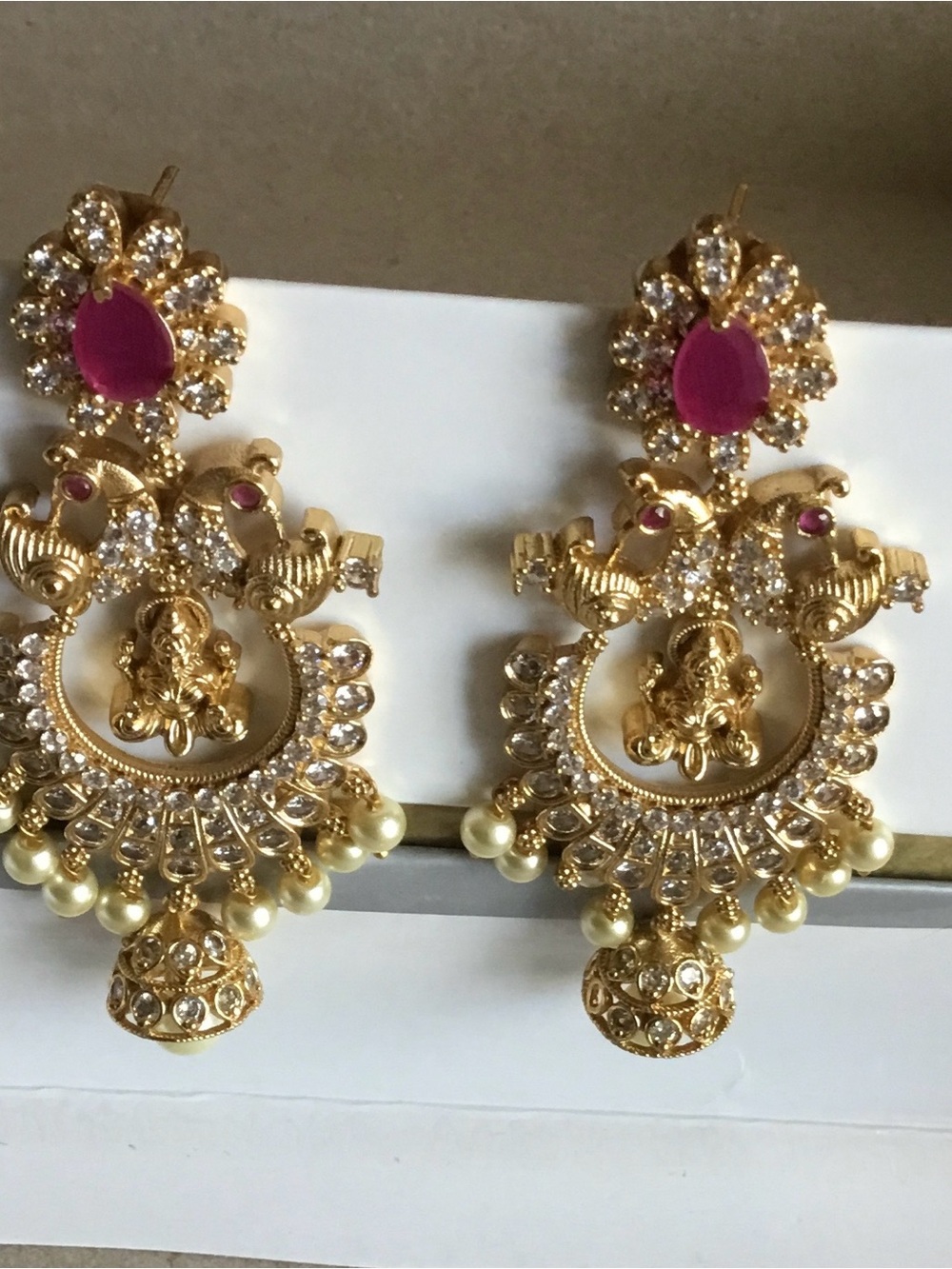 Gold and Pink Temple Drop Earrings - Women Jewelry